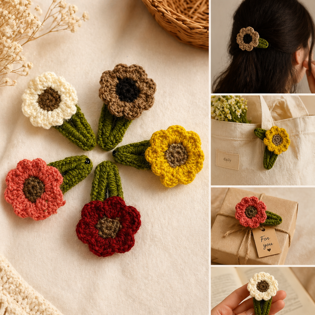 Handmade Hair Clips Crochet Flower – Set of 5 Colorful Floral Hair Pins & Boho Hair Accessories - Image 2