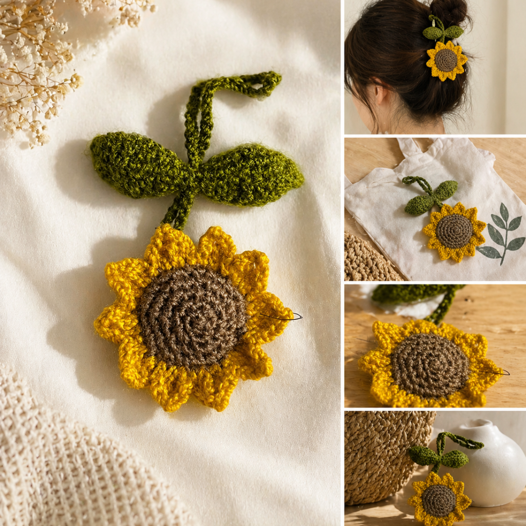 Handmade Woolen Crochet Sunflower Bag Charm – Sunny Amigurumi Flower Keychain & Boho Car Rearview Mirror Accessory - Image 2