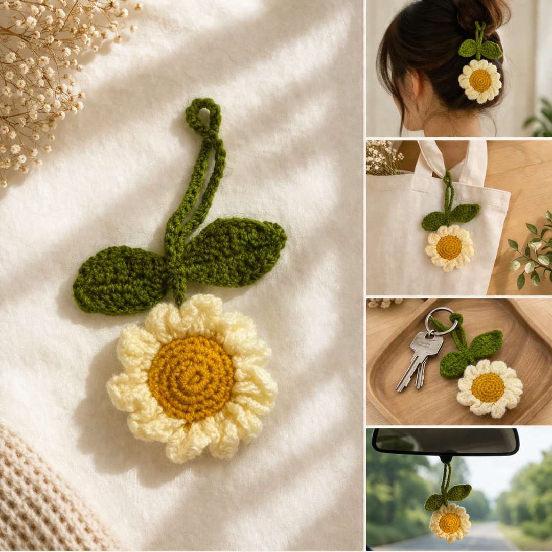Handmade Crochet Pale Yellow Daisy Charm – Aesthetic Amigurumi Flower Bag Accessory & Car Mirror Hanging - Image 2