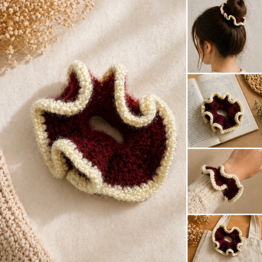 Handmade Crochet Ruffle Scrunchie – Maroon & Cream Oversized Hair Tie – Aesthetic Boho Hair Accessory - Image 2