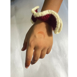 Handmade Crochet Ruffle Scrunchie – Maroon & Cream Oversized Hair Tie – Aesthetic Boho Hair Accessory