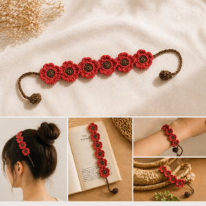 Handmade Hair band Crochet Red Flower 3-in-1 Accessory – Floral Headband, Aesthetic Bookmark & Boho Wristband